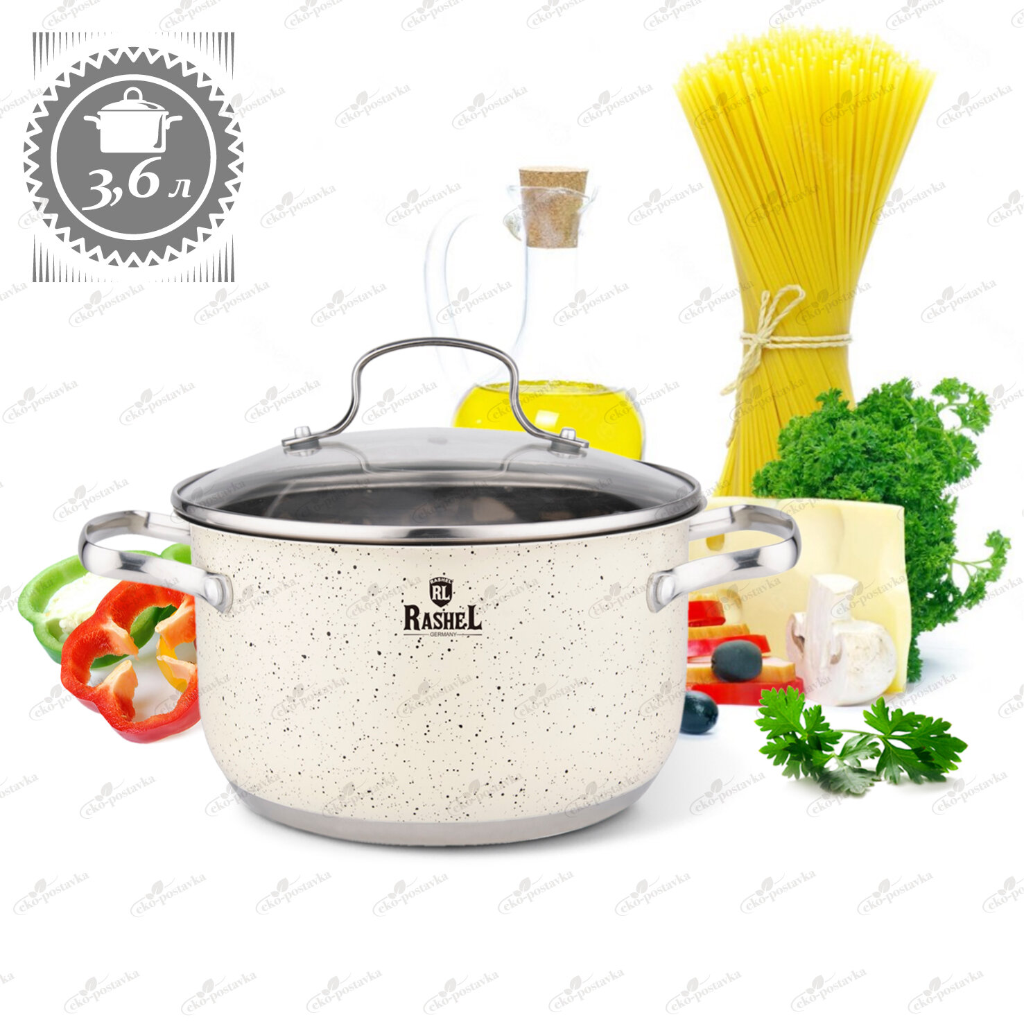 фото Кастрюля из нержавеющей стали с крышкой 3,6 л Rashel с антипригарным каменным гранитным покрытием для газовых электрических и индукционных плит