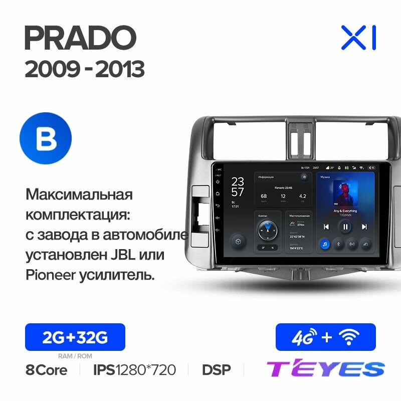 Магнитола Toyota Land Cruiser Prado 150 2009-2013 (Комплектация B) Teyes X1 4G 2/32GB, штатная магнитола, 8-ми ядерный процессор, IPS экран, DSP, 4G, Wi-Fi, 2 DIN