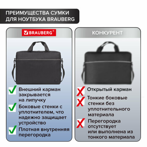 Сумка портфель BRAUBERG PRACTICAL с отд. для ноутбука 15,6", Grey line, черная, 29х40х7 см, 272604