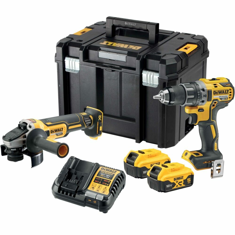 Набор аккумуляторный DEWALT, 18 В: ударная дрель-шуруповерт DCD791 и угловая шлифмашина DCG405, с 2 АКБ 5 Ач и ЗУ, в кейсе TSTAK, (DCK2020P2T) - фото №1