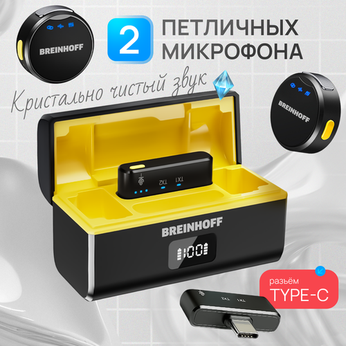 Микрофон петличный беспроводной двойной BREINHOFF CRYSTAL с разъёмом Type-C и с зарядным кейсом 429200₽