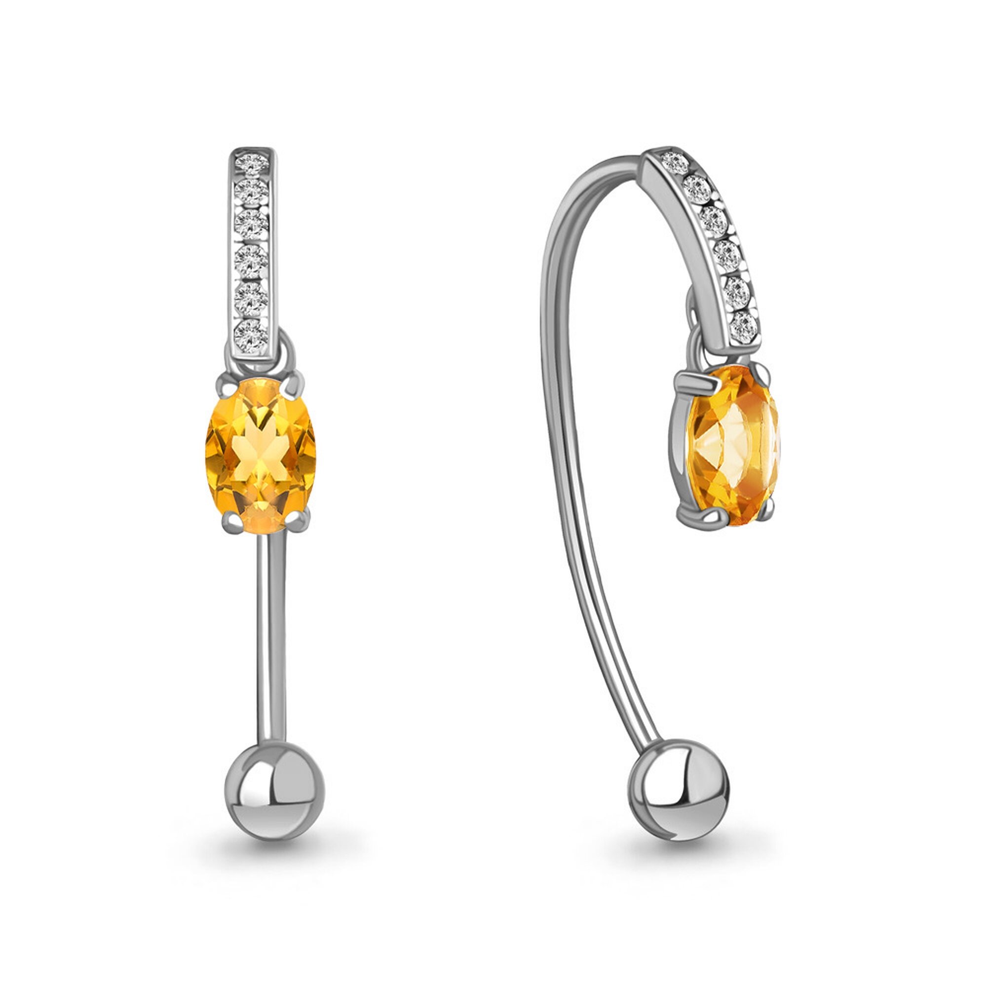 Серьги Diamant online, серебро, 925 проба, родирование, цитрин, фианит