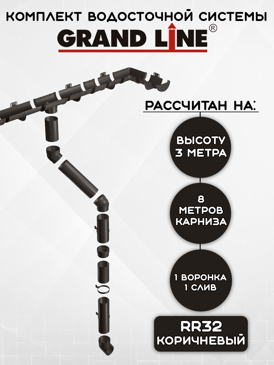 Комплект водосточной системы Grand Line коричневый 8 метров (120мм/90мм) RR 32