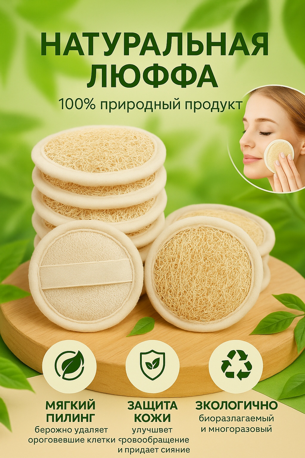 Мочалка из натуральной люфы для ухода тела, лица и глубокого очищения