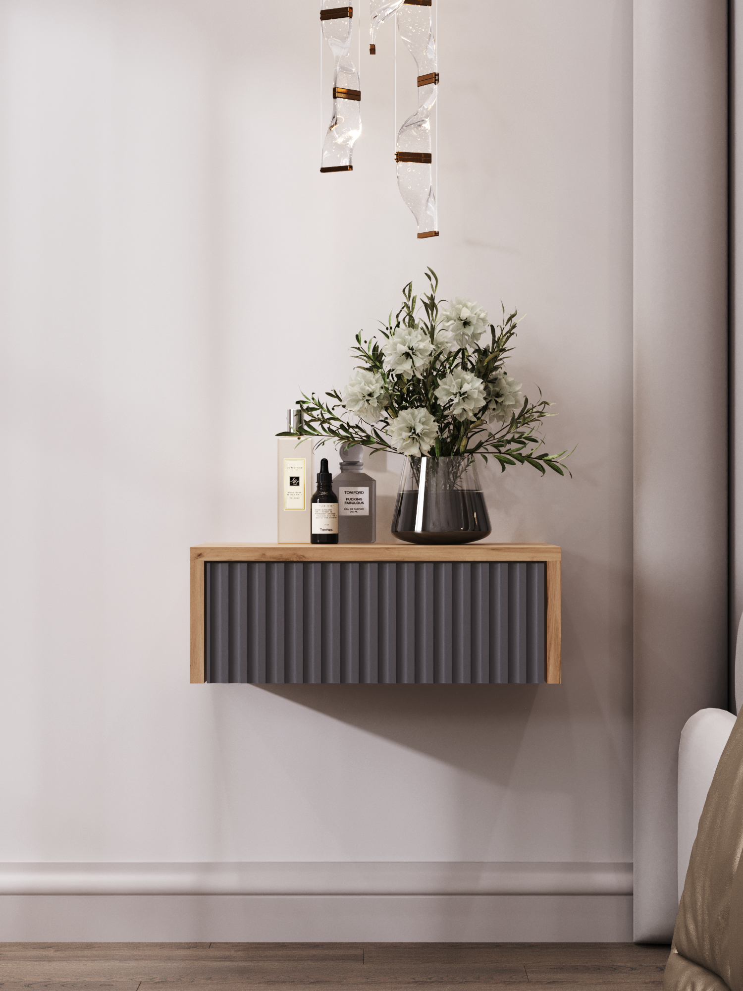 Тумба прикроватная, ЛДСП, МДФ, дуб золотистый, подвесная, 40x35x15 см — фото 1