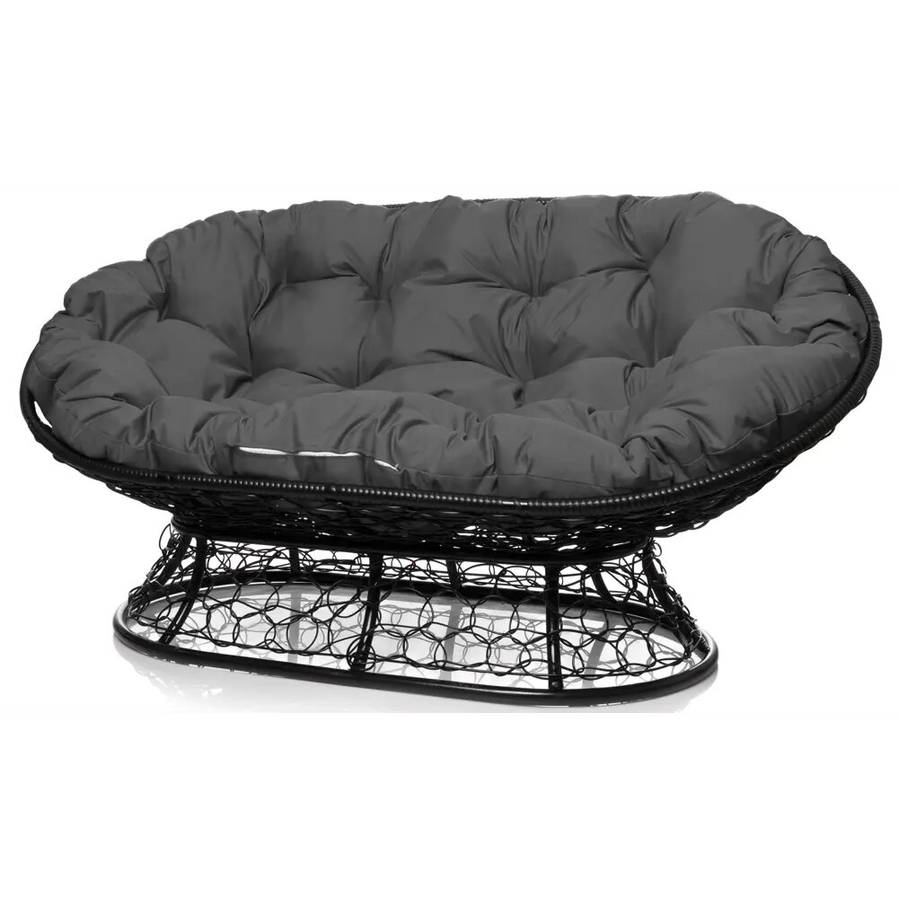 Диван Мамасан с ротангом стальной каркас для сада и дачи с мягкой подушкой черный серая подушка 163 × 100× 73 см.