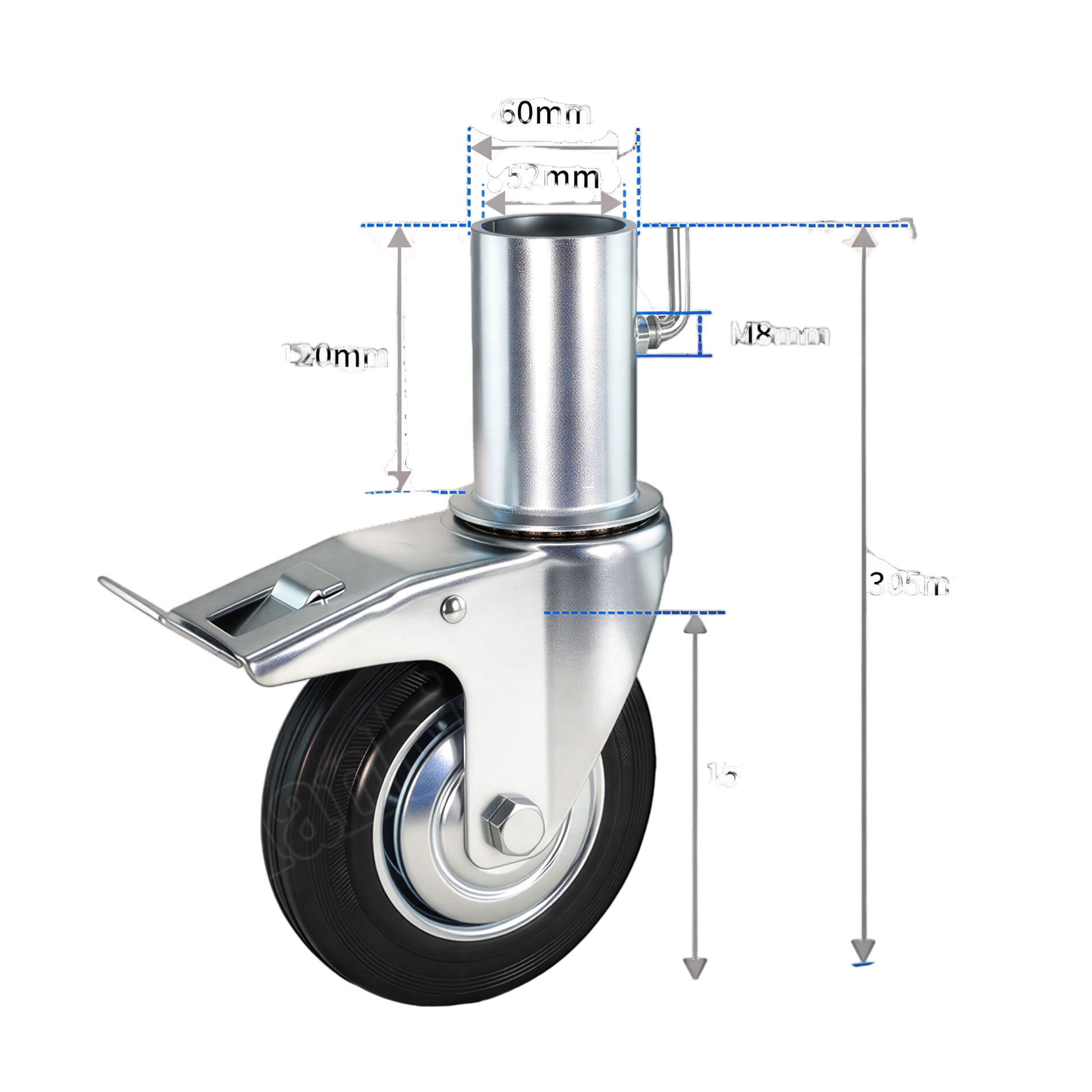 Колесо поворотное, с тормозом 160мм, шток, металл, для тачек и тележек