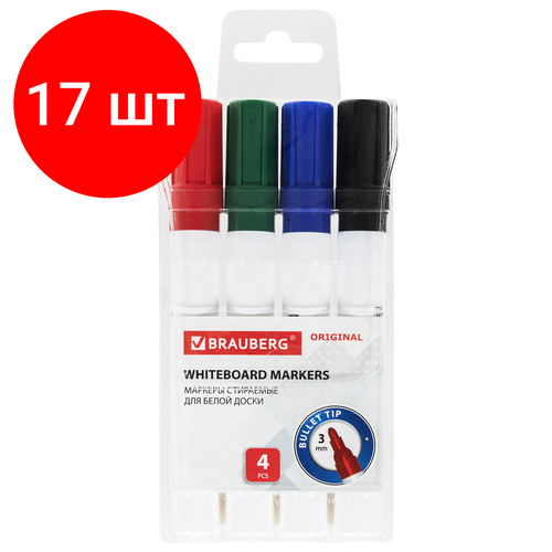 Комплект 17 шт, Маркеры стираемые для белой доски набор 4 цвета, BRAUBERG ORIGINAL, 3 мм, 152120