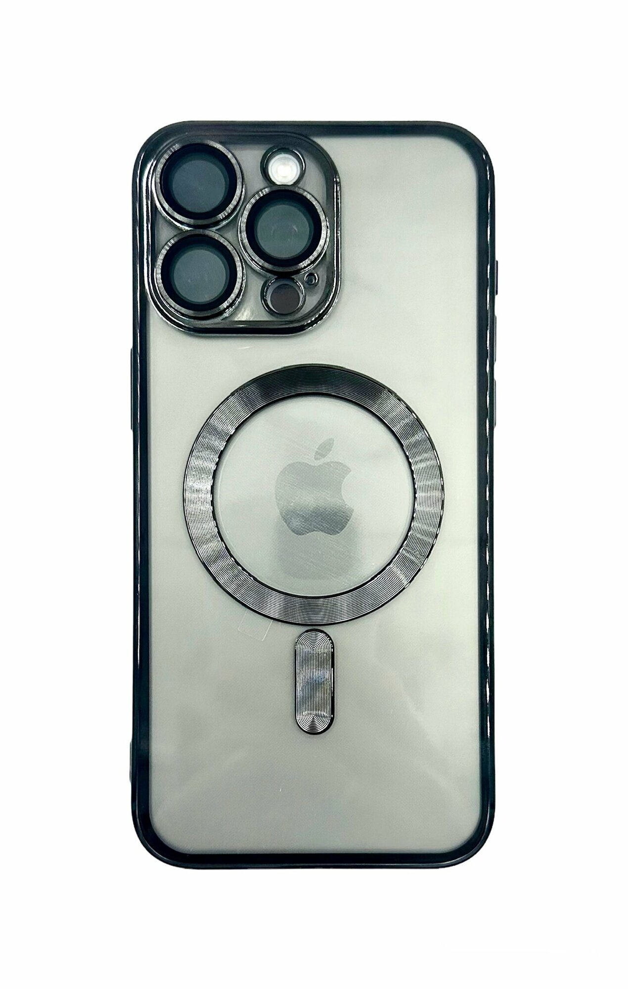 Защитный чехол 15 Pro Max с магсейф с защитными стеклами на камерах ударопрочный 15 Про Макс с черной рамкой прозрачный — фото 1