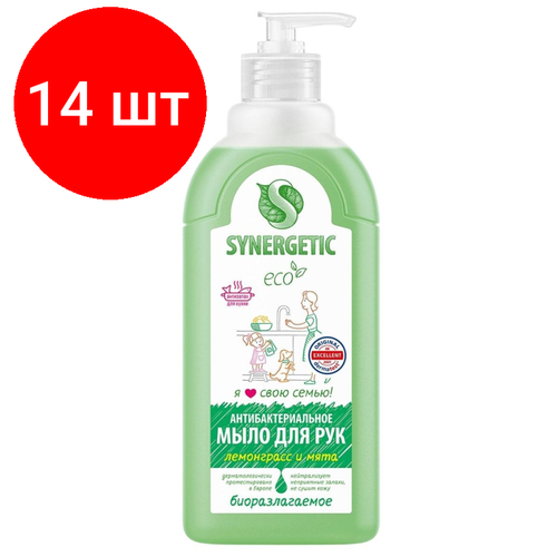 Комплект 14 штук, Мыло жидкое Synergetic антибактериальное, Лемонграсс и мята 500мл дозатор