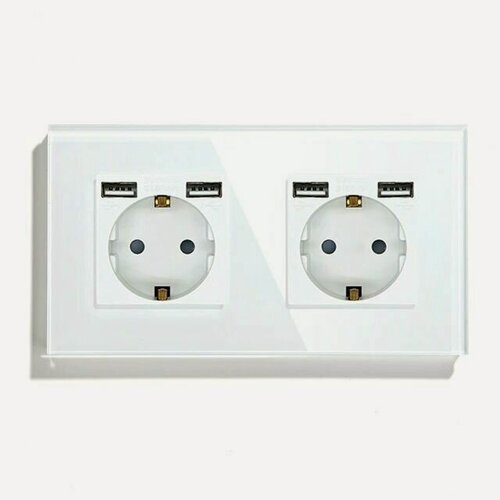 Изображение товара Розетка электрическая 2 поста, с Usb АА, рамка 157х86мм стекло, цвет белый