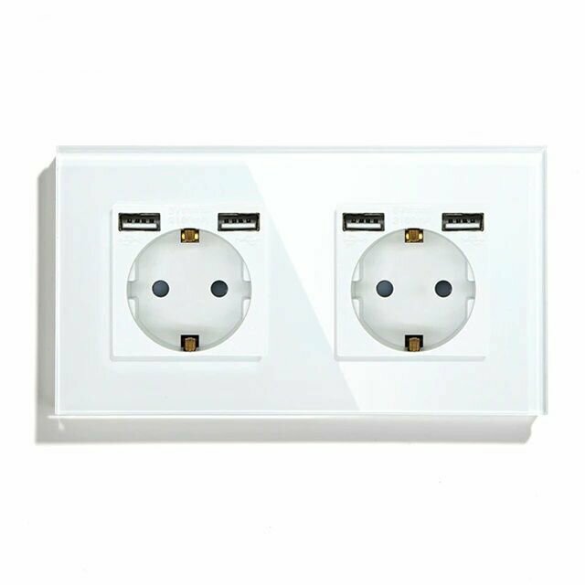 Розетка электрическая 2 поста, с Usb АА, рамка 157х86мм стекло, цвет белый