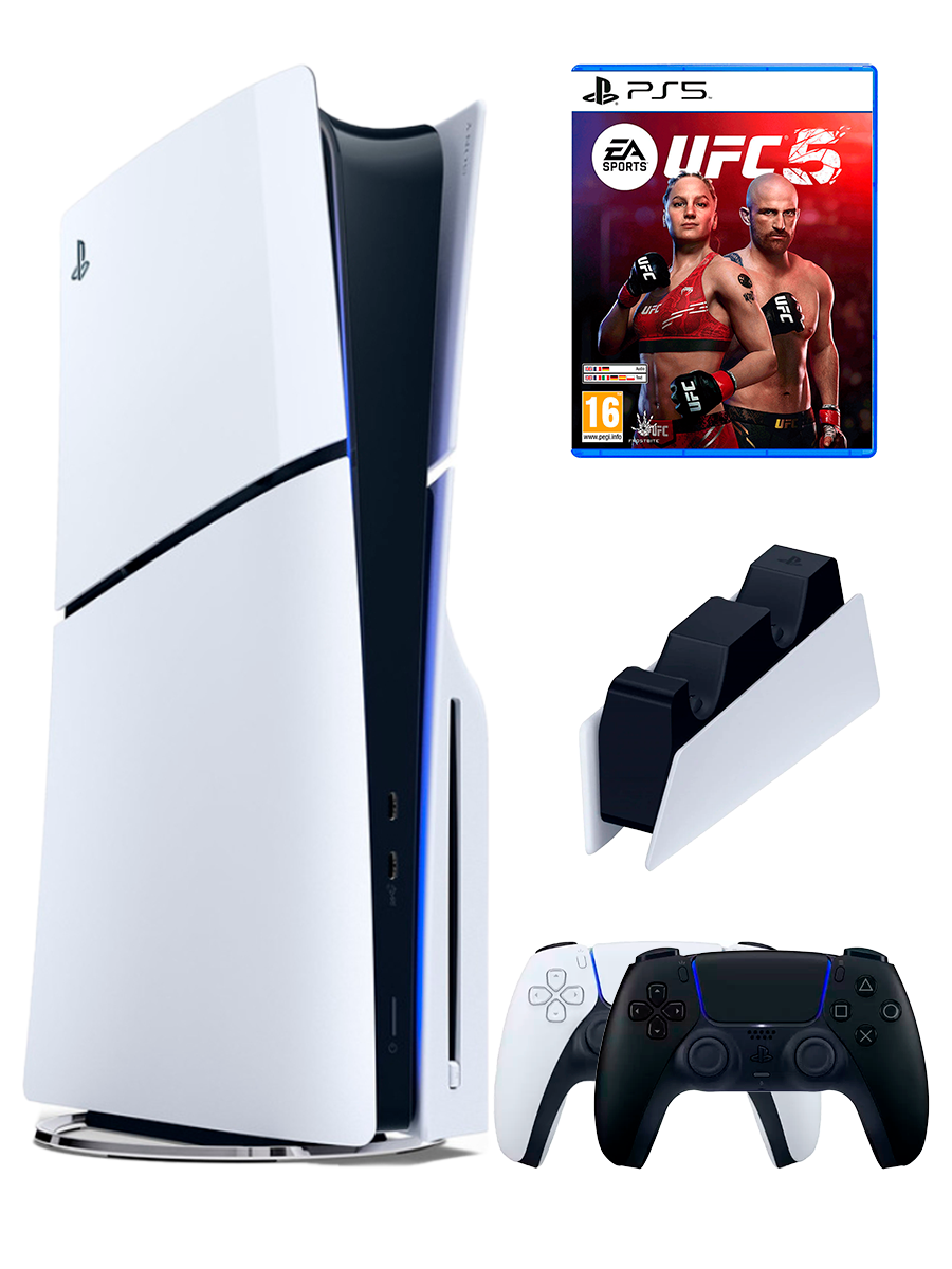 PS5 (ПС5) Игровая приставка Sony PlayStation 5 Slim disc + 2-й геймпад(черный) + зарядное + игра UFC 5