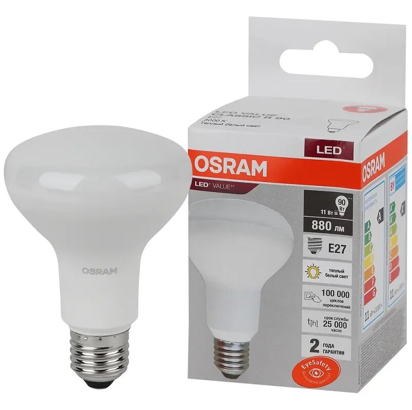 Лампочка светодиодная OSRAM Рефлектор Гриб R90 E27 11Вт 220В 880Лм 3000К Теплый белый уп. 1шт