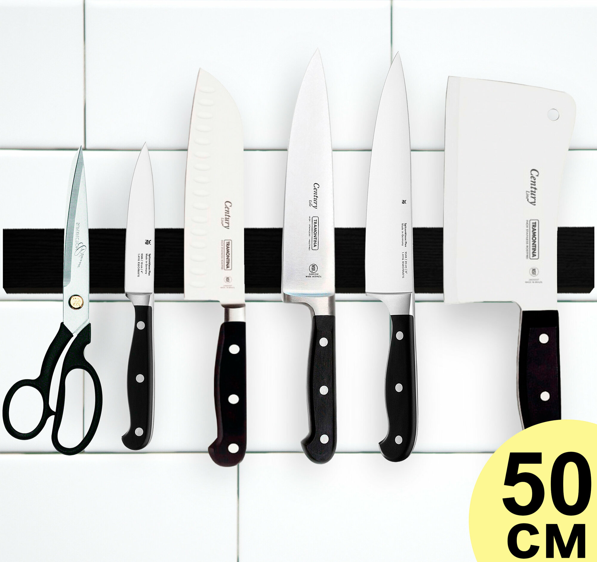 фото Магнитный держатель для ножей на стену, длина 50 см, цвет - белый, материал - дерево (сосна).