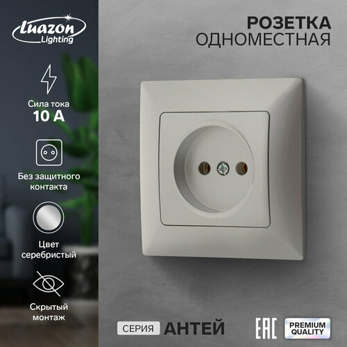 Розетка одноместная Luazon Lighting Антей, 10 А, скрытая, без з/к, серебристая розетка одноместная luazon lighting екб 10 а скрытая без з к белая 3092336