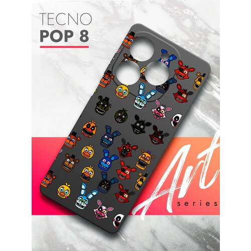 Чехол на Tecno POP 8 (Техно ПОП 8) черный матовый силиконовый с защитой (бортиком) вокруг камер, Brozo (принт) Аниматроник Паттерн чехол на tecno pop 8 техно поп 8 черный матовый силиконовый с защитой бортиком вокруг камер brozo принт бежевые розы