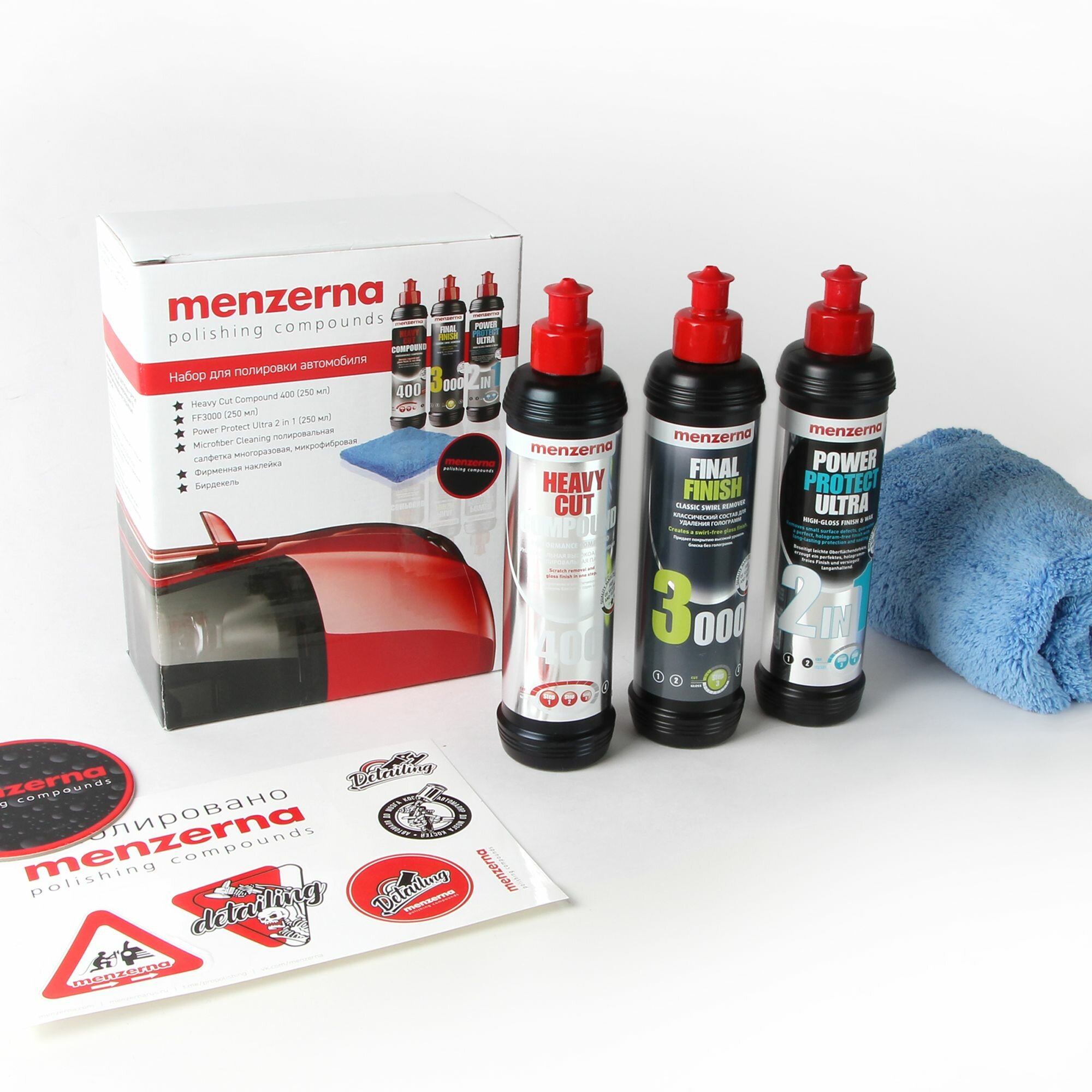 Набор для полировки автомобиля Menzerna 3x250 мл (Heavy Cut Compound 400 + FF3000 + Power Protect Ultra 2 in 1), + Microfiber Blue полировальная многоразовая салфетка из микрофибры