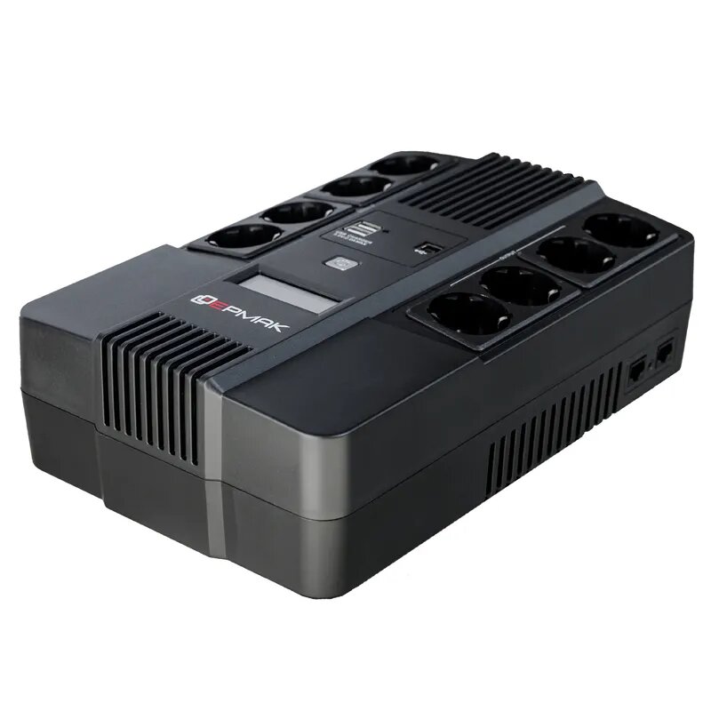 фото ИБП Ермак Линейно-интерактивный 1000 ВА/600 Вт, 8xSchuko, ЖК, 2хUSB, ШхГхВ 309х293х93мм, вес 6.4кг. Ермак СБП ермак 220-220.1 (СБП ермак 220-220.1-32-ВН)