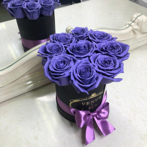 Букет живых цветов, фиолетовые розы в коробке 9 шт.