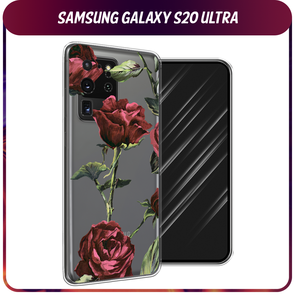 Силиконовый чехол на Samsung Galaxy S20 Ultra / Самсунг Галакси S20 Ultra "Бордовые розы фон", прозрачный