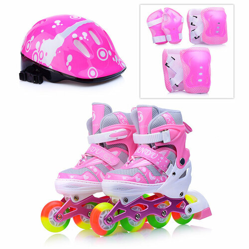 фото Ролики детские, m с комплектом защиты, цвет розовый с белым, цветные колеса oubaoloon