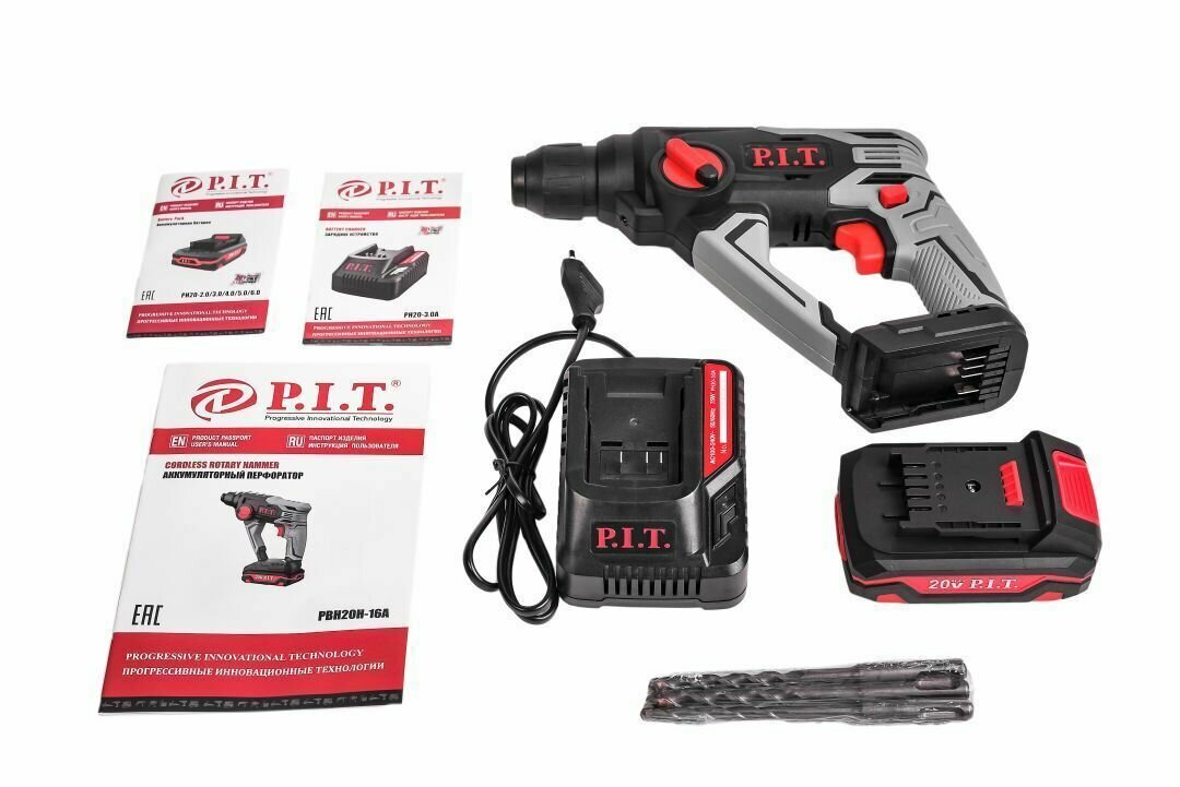 Перфоратор P.I.T. PBH20H-16A/1, Сменный аккумулятор, 20 В, 1,2 Дж, 1 АКБ 2Ah, ЗУ 3A — фото 1