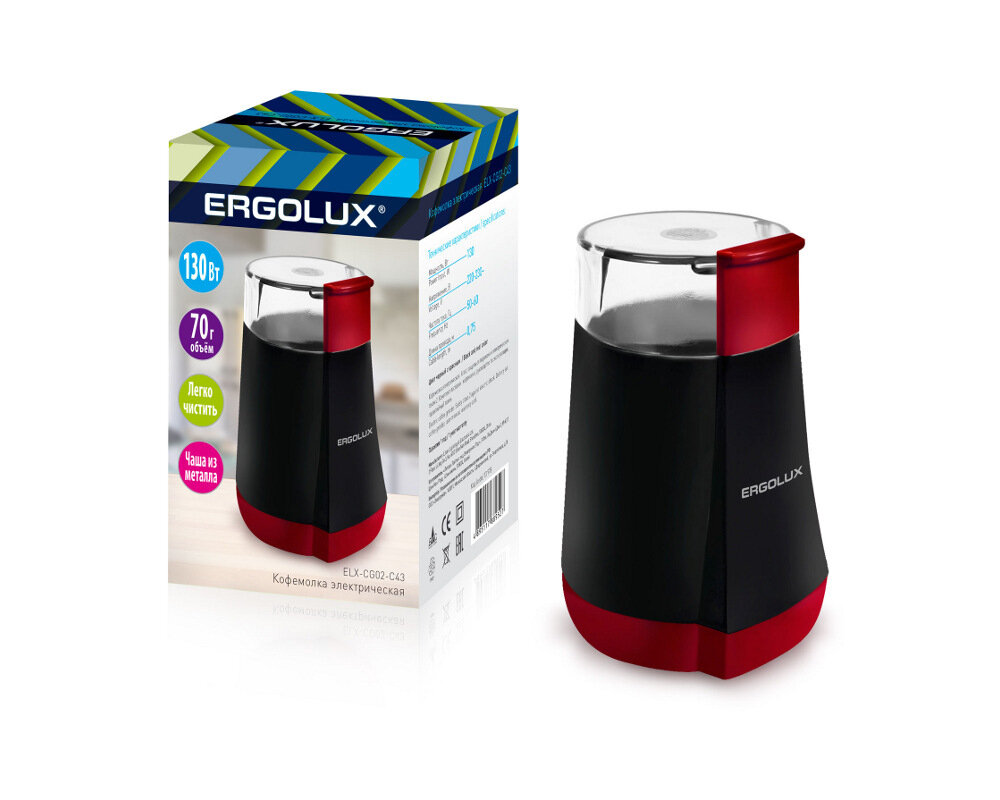 Электрическая кофемолка ERGOLUX ELX-CG02-С43 черно-красная 130 Вт, 220-240 В, объем 70 гр