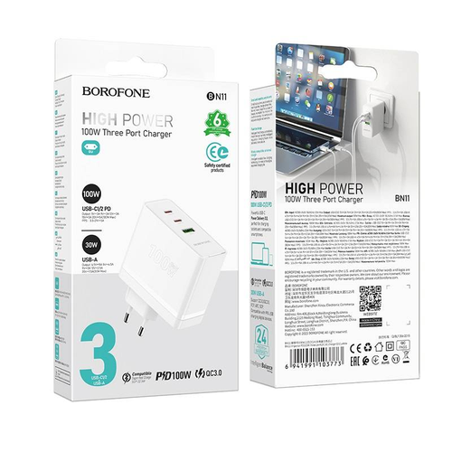 Сетевое зар. устр. Borofone BN11 1USB/2C 30W/100W белое автомобильное заряд устр borofone bz25 1usb 1usb c с кабелем c c pd20w qc3 0 38w черное