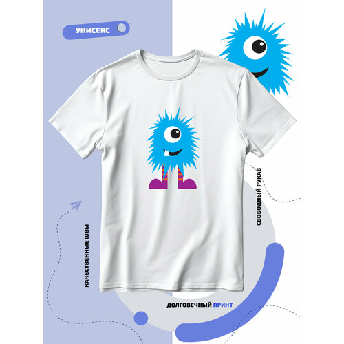 Футболка одноглазый синий монстрик с колючками, размер 8XL, белый