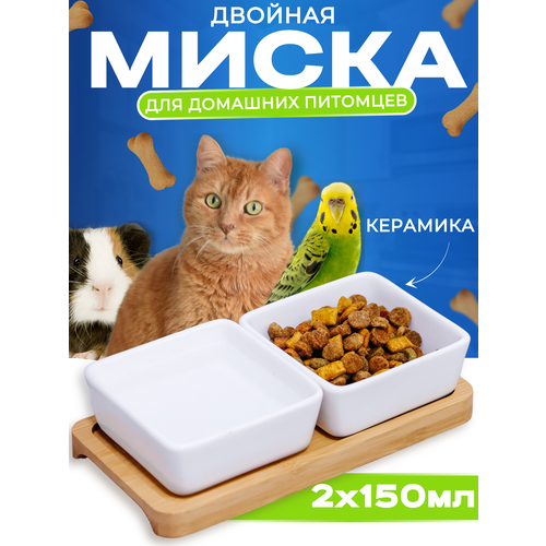 Миска для кошек керамические квадратные на бамбуковой подставке белые