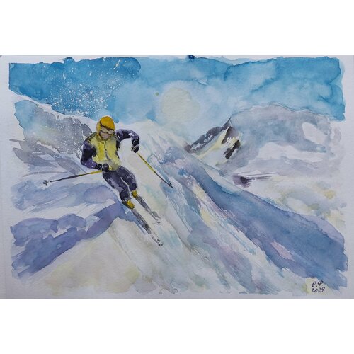 Картина акварелью Горнолыжник ручная работа размер А4 1100₽