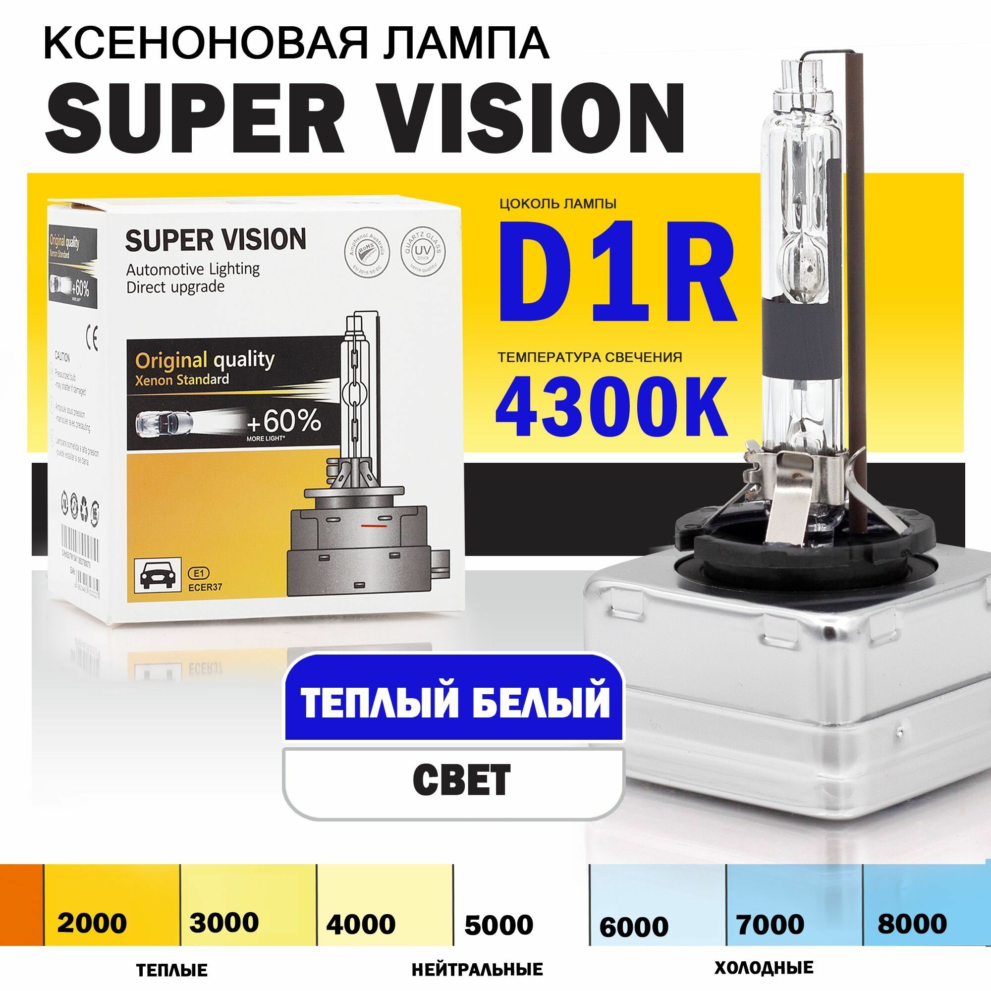 Ксеноновая лампа Super Vision D1R 4300K для автомобиля штатный ксенон, питание 12V, мощность 35W, 1 штука