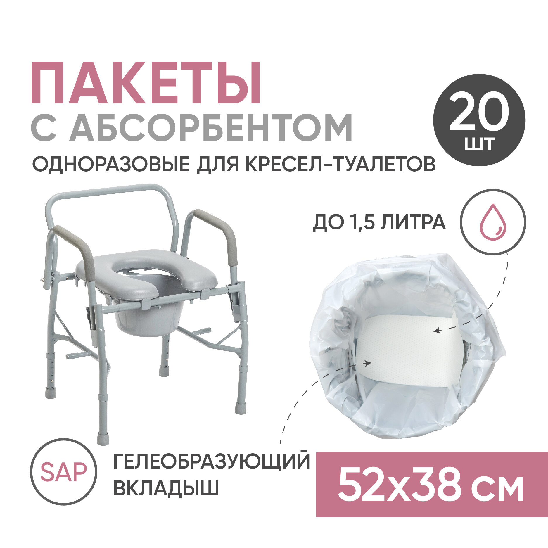 фото Одноразовые пакеты для кресел-туалетов с гелем BESIDE, 1500 мл, 20 штук, гигиенические сменные пакеты со вписывающим вкладышем SAP