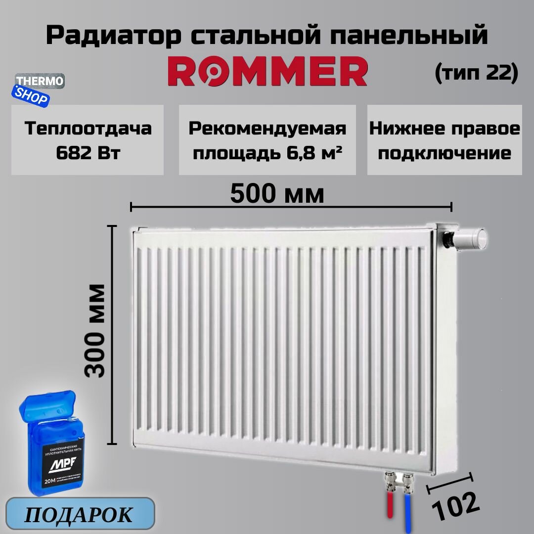Радиатор стальной панельный 300х500 нижнее правое подключение Ventil 22/300/500 Cантехническая нить 20 м
