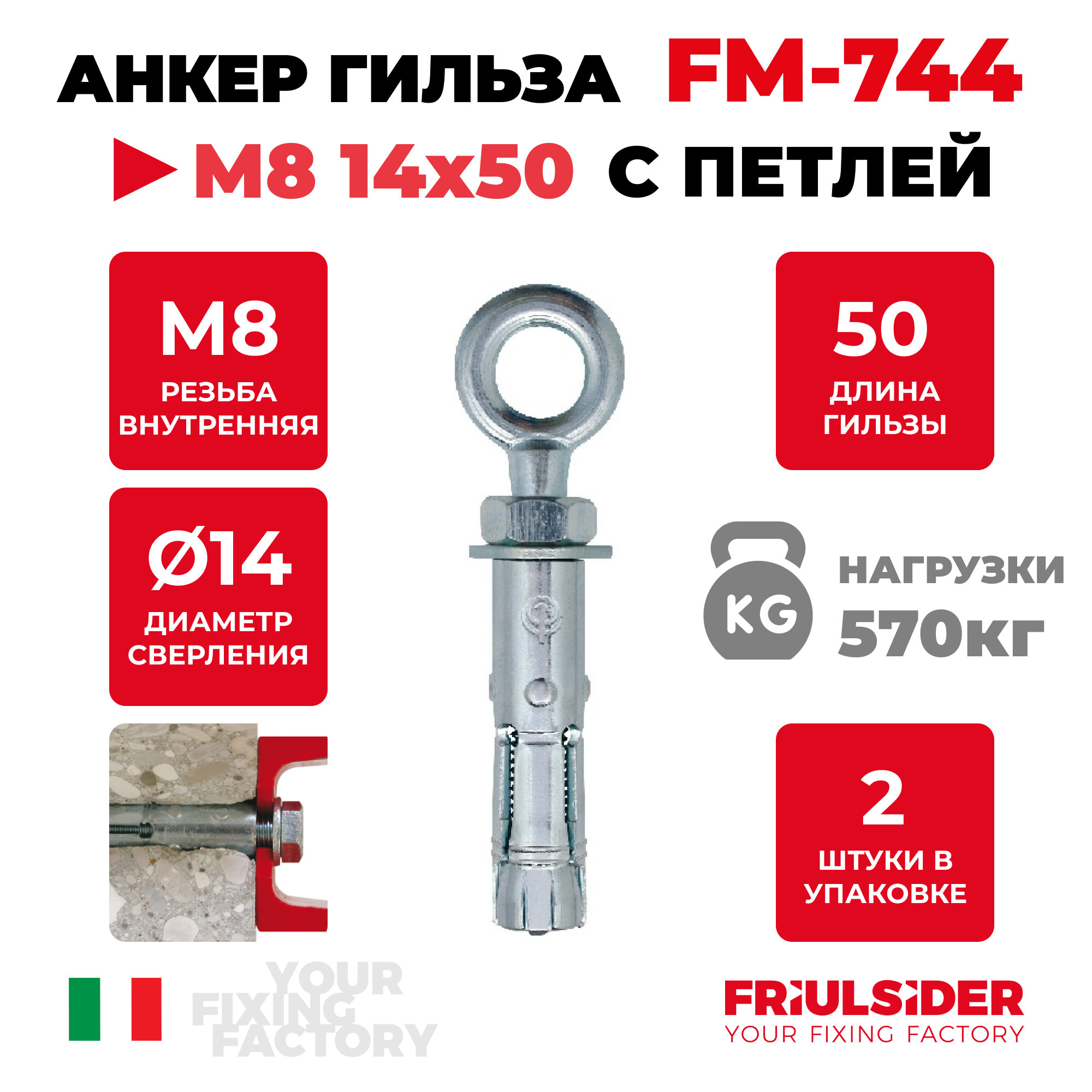 Анкер распорный c петлей FM744 М8 ZN (2 шт) - FRS - пакет Партнер