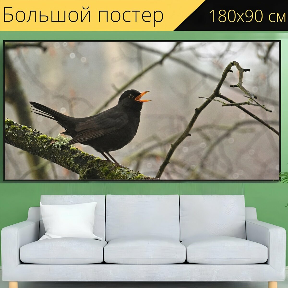 Большой постер "Птица, черный дрозд, филиал" 180 x 90 см. для интерьера