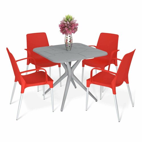 Стол и стулья для кухни, стол квадратный и 4 кресла с подлокотниками, Обеденная группа для кухни стол и стулья, комплект дачной мебели, серый/красный/хром лак
