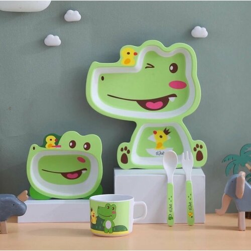Подарочный набор детской посуды Крокодильчик 5 предметов из бамбука. набор детской посуды из бамбукового волокна сова