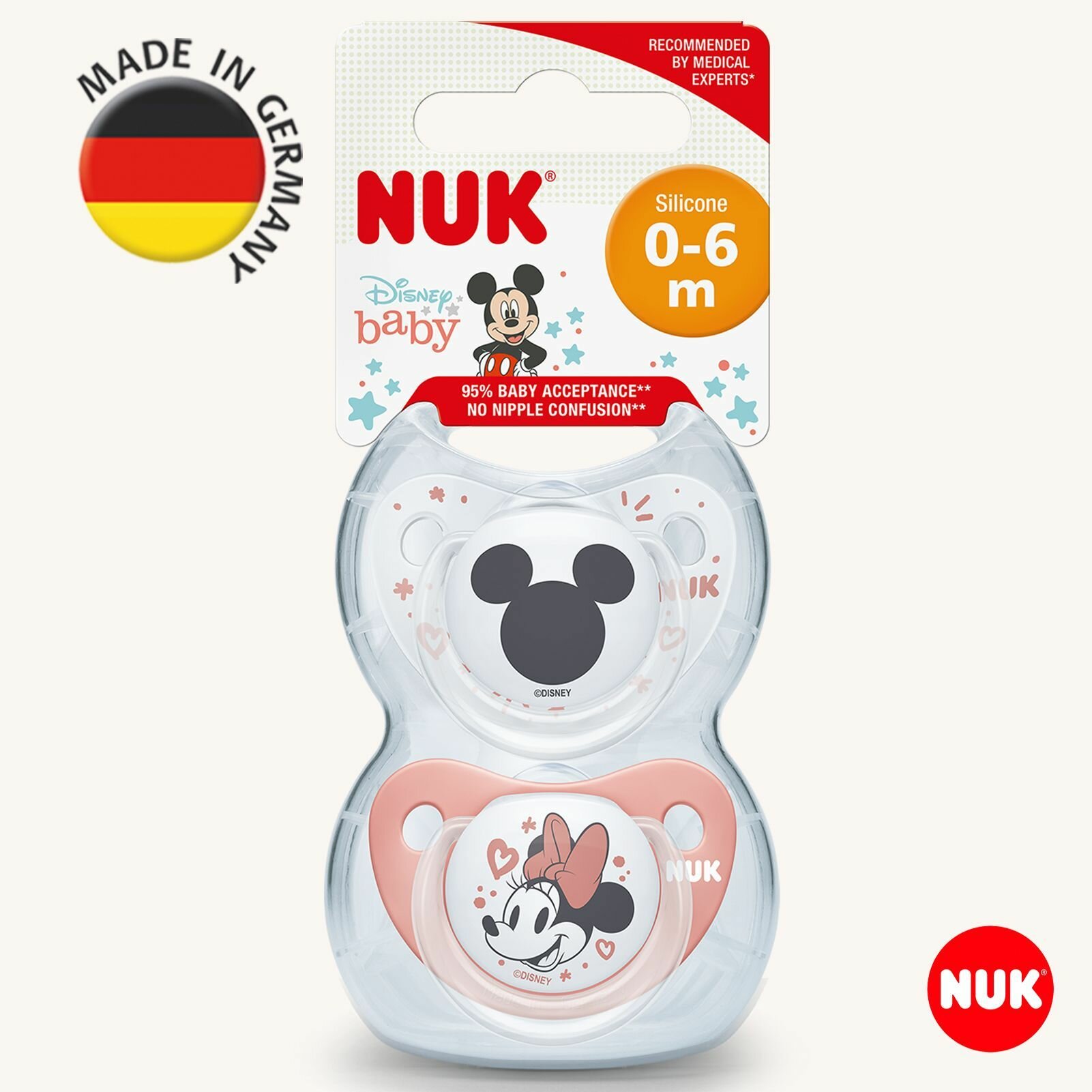 NUK TRENDLINE ортодонтическая соска пустышка из силикона, размер 1, 2 шт. в контейнере, MICKEY Минни