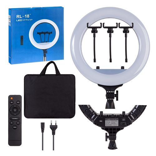 Профессиональная кольцевая лампа 45 см с усиленным штативом LED RL-18 Кольцевая лампа с пультом управления сумкой для переноски и усиленным штативом 5189₽