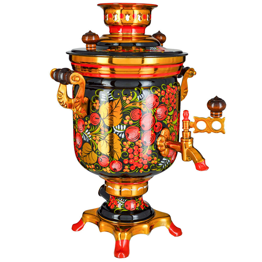 фото Самовар электрический 3 литра с художественной росписью «Хохлома с яблочками» формы «Банка»