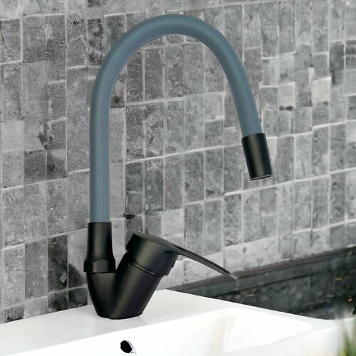 Смеситель BM-Lux на кухню c гибким серым изливом, крепление гайка, керамика черная