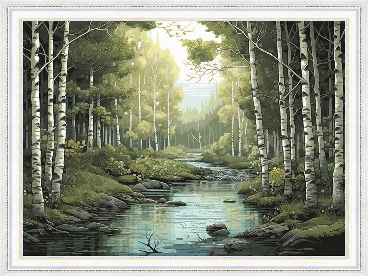 Алмазная мозаика на подрамнике 40*50 "Река в березовой роще" природа, пейзаж Полная выкладка, круглые стразы