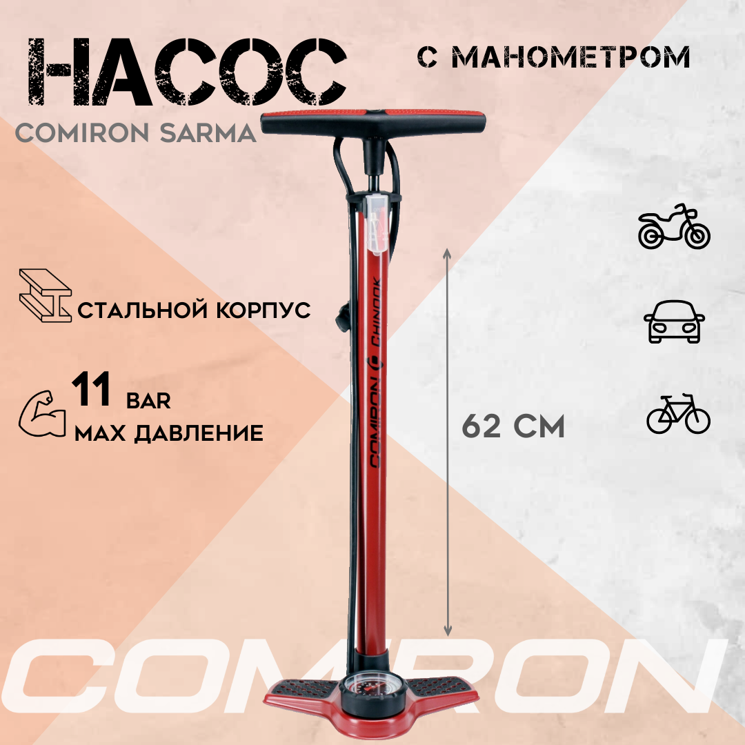фото Насос напольный с манометром COMIRON CHINOOK, стальной корпус, манометр 2.5", 32*620мм, 498 см3, 11 бар, 160 psi. / уп 10/