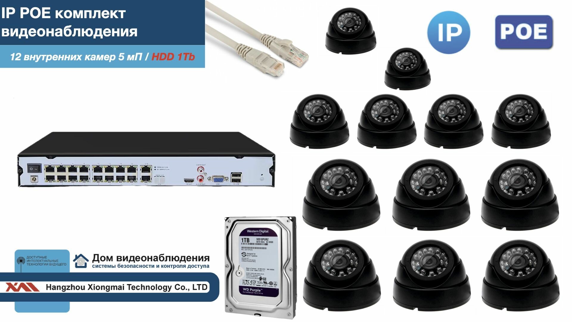 Полный IP POE комплект видеонаблюдения на 12 камер (KIT12IPPOE300B5MP-2-HDD1Tb)