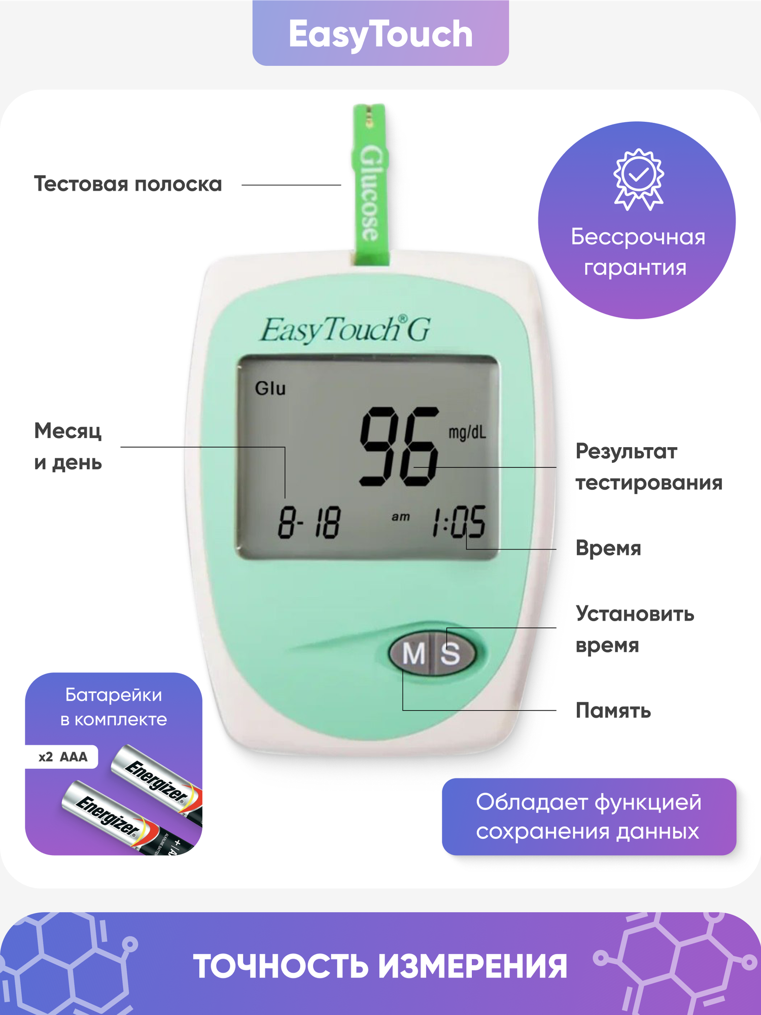 Изображение Тест-полоски на глюкозу EasyTouch (ИзиТач), 2 х 50 шт + подарок Глюкометр EasyTouch G