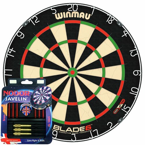 Мишень WINMAU BLADE Plus Javelin Brass (Профессиональный уровень) с дротиками для игры в Дартс. красный, зеленый, черный, белый