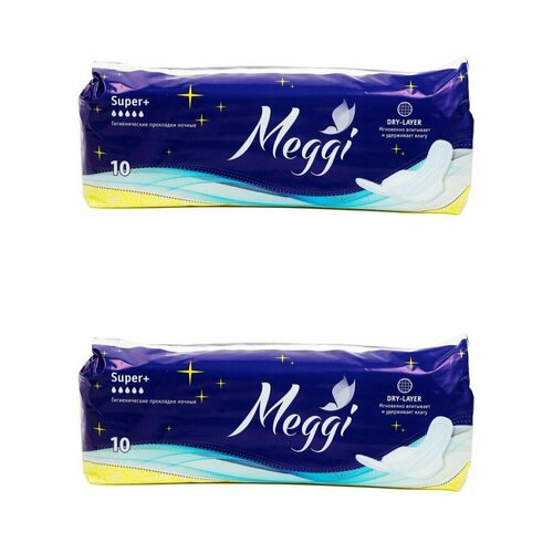 Meggi Прокладки гигиенические женские ночные Super+, 10 шт в уп, 2 уп