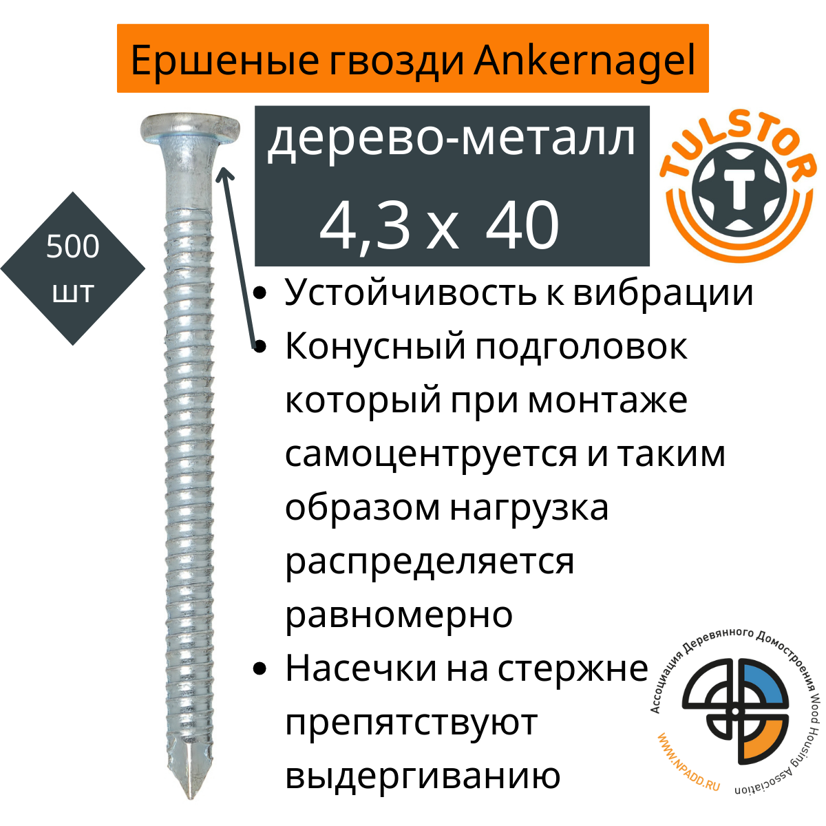 Ершеный гвоздь 4,3х40 Ankernagel голубая оцинковка упак 500шт.